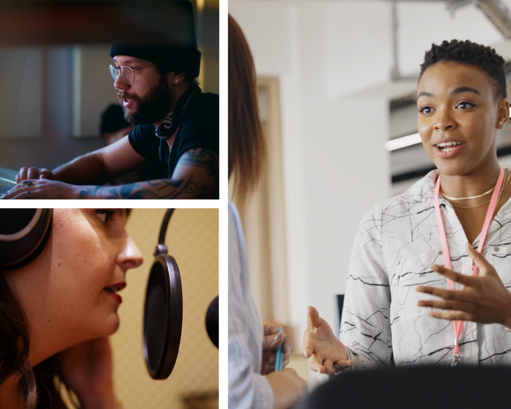 collage of broadcast media workers